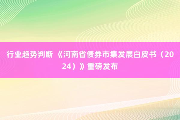 行业趋势判断 《河南省债券市集发展白皮书（2024）》重磅发布